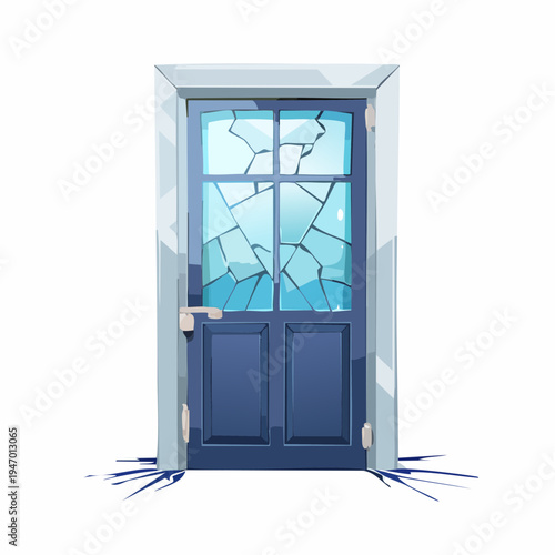 Broken glass door with a blue frame and a metallic handle
