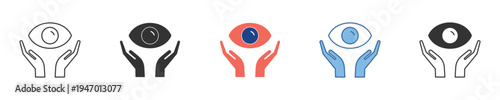Collection of eye care and vision protection icons, featuring hands gently cradling an eye, symbolizing optical health, medical support, and visual well-being in diverse graphic styles