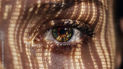 Womans eye close-up with digital matrix overlay. Green code streams across iris in sequence. Cyber vision fusion of human gaze and binary data for technology concept and digital identity