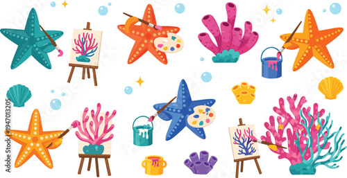 Cute starfish artist painting coral underwater cartoon set sea star character creative marine vector illustration collection