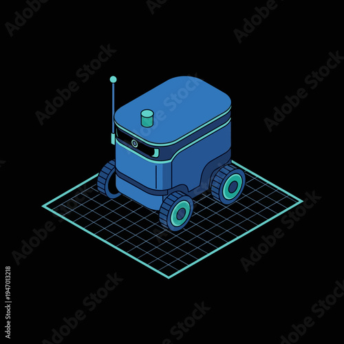 Isometric illustration of a delivery robot with wheels, antenna, and a grid background, on a black backdrop.