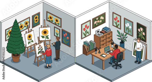Isometric art studio and gallery interior with artists painting floral artworks workspace creative process vector illustration scene