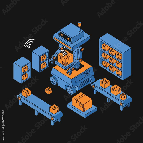 Isometric illustration of a warehouse with a robot sorting packages and boxes.