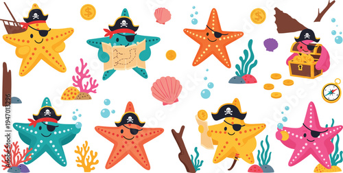 Cute pirate starfish underwater treasure adventure cartoon set sea star character with coins chest marine vector illustration collection