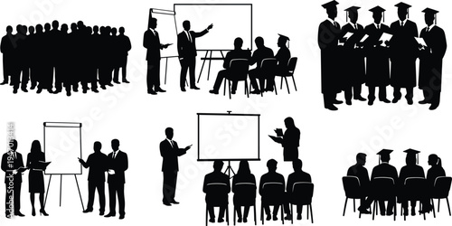 Education and business presentation silhouettes collection, teacher, students and graduates in classroom training, learning and seminar concept isolated