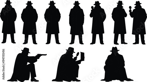 Detective silhouettes set with magnifying glass, investigation poses and classic trench coat characters, mystery crime investigation vector illustration isolated on white background