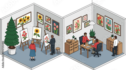Isometric art studio and gallery workspace with artists painting floral artworks creative office interior design vector illustration
