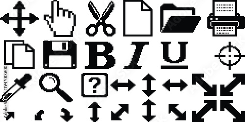 A collection of 28 pixelated icons on a white background.