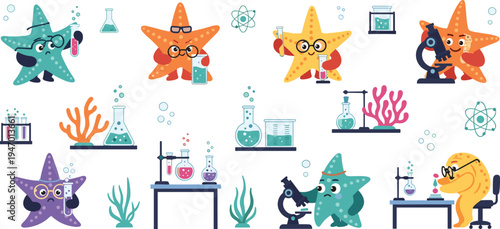 Cute starfish birthday party underwater cartoon set sea star character celebration balloons confetti marine vector illustration collectionCute starfish scientist laboratory cartoon set sea star charac
