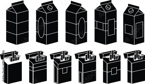 Milk carton vector illustration set, juice packaging design variations, cigarette pack outline drawings, product branding concept for retail, advertising, marketing graphics