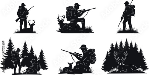Hunter silhouettes collection with deer, rifle hunters in forest, wildlife hunting scenes, outdoor adventure, camping backpack hunters isolated vector set