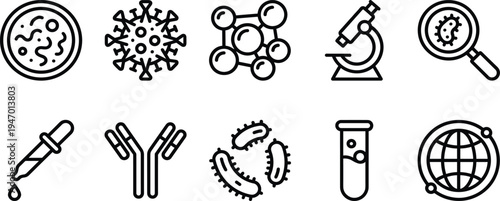 Microbiology outline icon set with virus and microscope