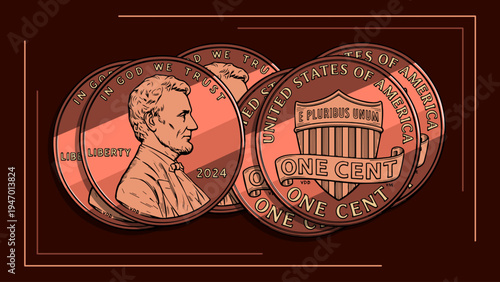 Numismatic cartoon illustration of a stack of stylized 2024 Lincoln Cent coins on a dark brown background. National One Cent Day, April 1st