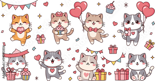 Cute kawaii cat characters celebrating birthday party with balloons, cupcakes, gifts and hearts adorable cartoon kitten vector illustration set