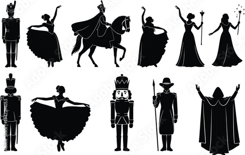 Nutcracker ballet silhouettes with dancers, toy soldiers, prince on horse and fairy characters, classic Christmas theater vector illustration collection isolated on white background