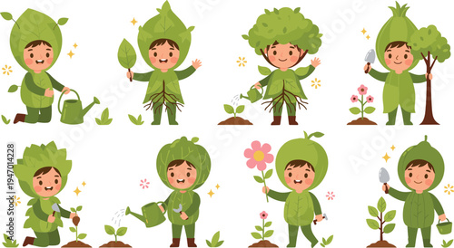 Cute kids gardening in leaf costumes planting watering plants eco friendly nature cartoon vector illustration set