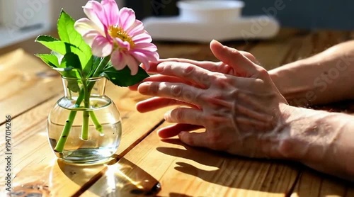 Gentle Flower Blooming in Sunlight on Wooden Table