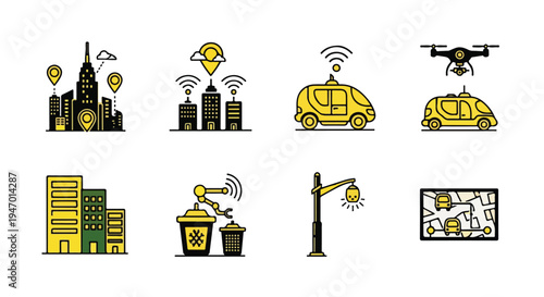 Smart City Technology and Urban Innovation Vector Icon Set: Autonomous Vehicles, Drones, IoT Buildings, Robotics, and Navigation Systems for Modern Digital Infrastructure