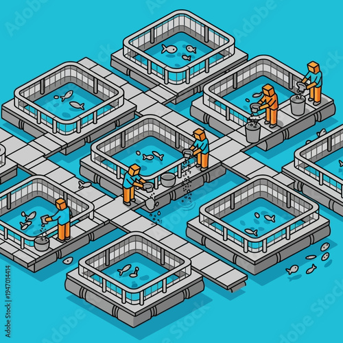 Isometric illustration of an aquaculture farm with workers tending to fish ponds.