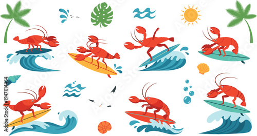 Funny lobster surfing ocean waves cartoon set marine crab character summer beach tropical elements vector illustration collection