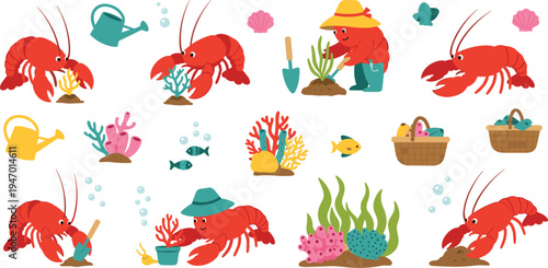 Cute lobster gardening underwater cartoon set ocean crab character planting coral sea plants marine life vector illustration collection