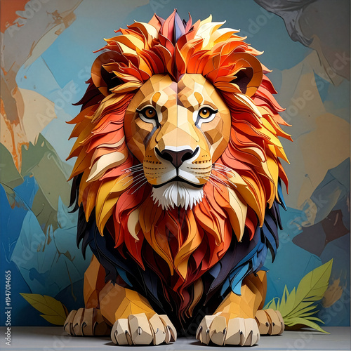 A majestic papercraft lion model with a vibrant, fiery mane of orange, red, and yellow. This beautiful low-poly big cat is sitting in a jungle setting. Art and craft concept.