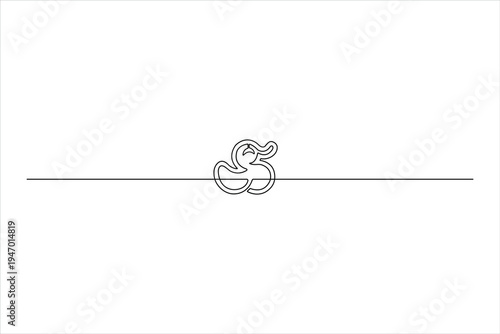 Minimalist cartoon duck rendered in one continuous line. Clean vector illustration of a playful waterfowl bird on a straight horizontal line.