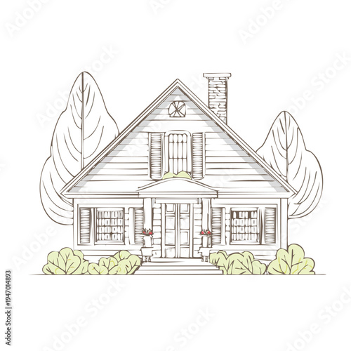 Illustrated house with trees and shrubs in a detailed line art style