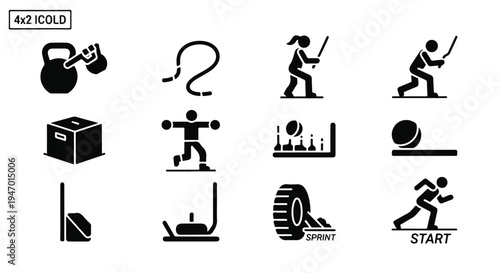 Set of 12 black silhouette crossfit and fitness training icons vector, including kettlebell, battle rope, box jump, tire flip, and sprint start, ideal for gym websites, workout apps