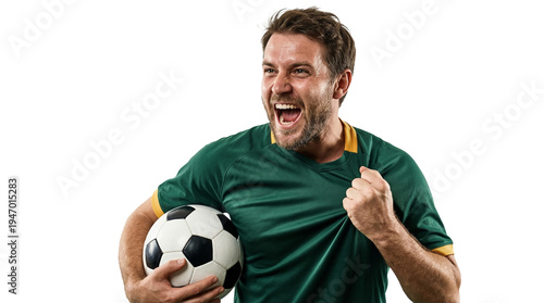 Man wearing green soccer jersey holding ball on transparent background