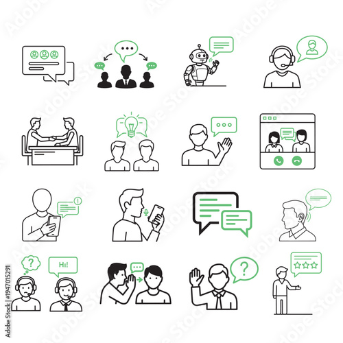 Communication and conversation line icon set with chatbot, customer support, online meeting, messaging, feedback, consultation, teamwork discussion and social interaction editable stroke