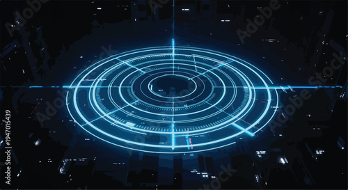 Abstract blue glowing concentric circles with crosshairs on a dark digital circuit board background, representing target, data, technology, and futuristic concepts for web banners, presentations