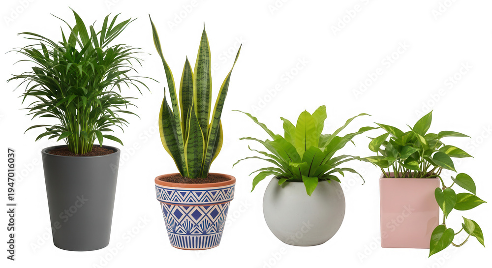 Fototapeta premium Four potted plants with different pots and foliage isolated on transparent background