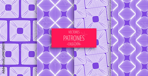 Seamless purple geometric patterns with neon glowing lines and 3D mesh structures for gaming and cyber technology backgrounds