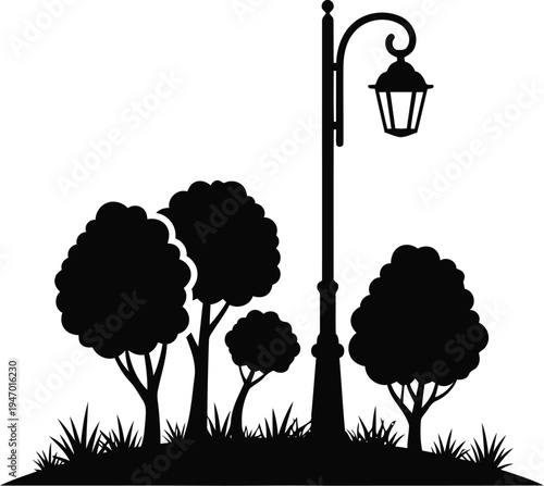 A black silhouette of a street light and trees