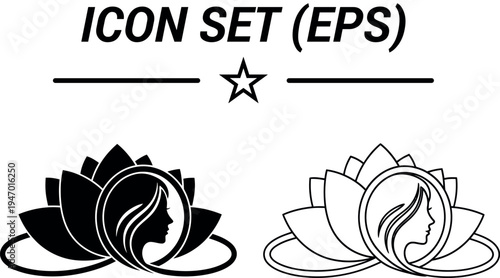 A set of two black and white lotus flower icons with a woman's face in the center