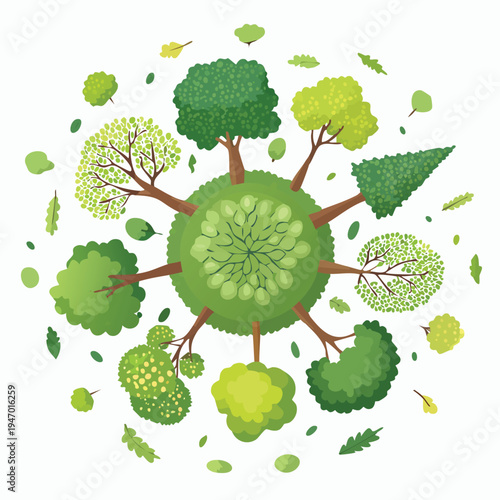 Illustrated earth globe surrounded by various green trees and leaves
