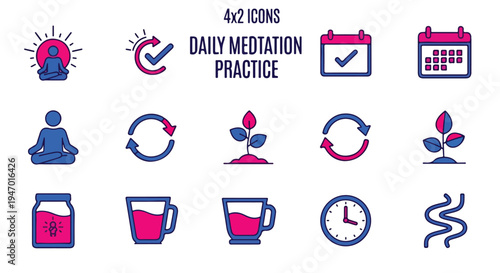 Set of 12 Daily Meditation Practice Icons Vector, featuring yoga, calendar, growth, and relaxation symbols in a modern flat line art style with blue and pink accents