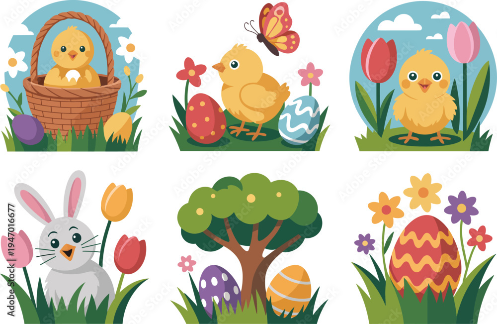 Naklejka premium Easter Bunny Chick Egg Spring Flower Butterfly Nest Grass Holiday