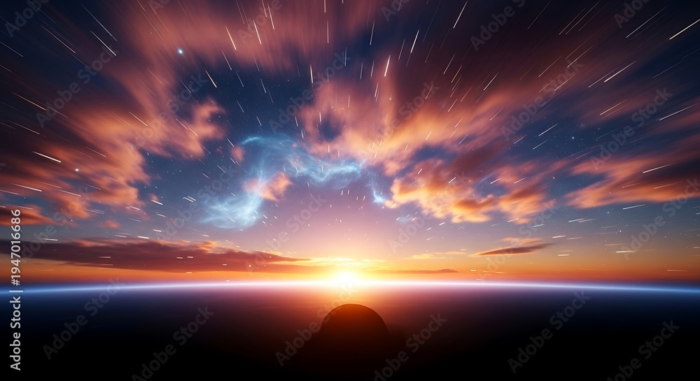 Obraz premium Vibrant Sunrise with Clouds and Stars.