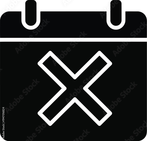 A black and white icon of a calendar with an x marked