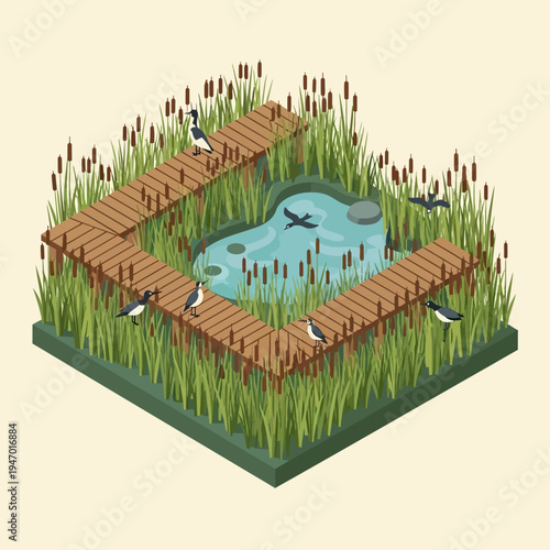 An isometric illustration depicts a serene pond surrounded by a wooden walkway and lush vegetation.