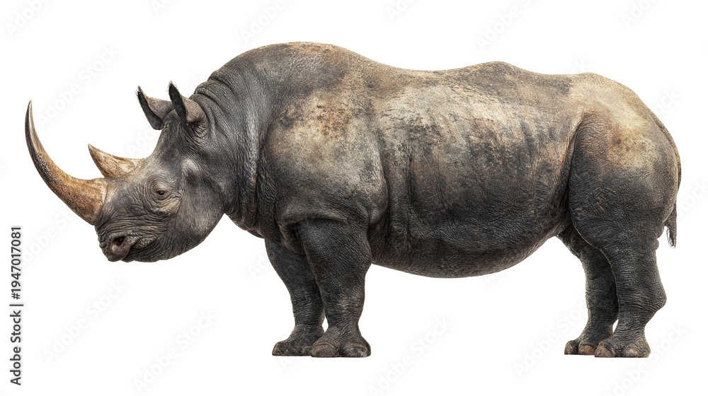 Fototapeta premium Black rhinoceros side view, isolated on a white background