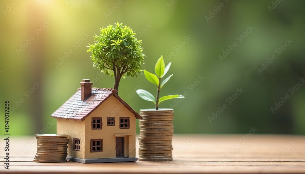 Fototapeta premium Miniature house model grows on stacked coins symbolizing financial growth and real estate investment. A small tree and plant sprout from money signifying prosperity and property wealth.