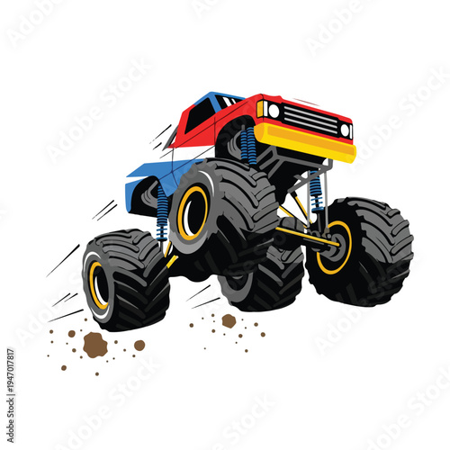A colorful monster truck vector illustration with large tires and a dynamic motion effect on a clean white background