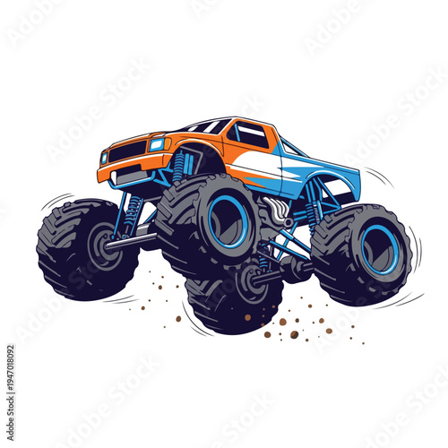 A vibrant orange and blue monster truck vector illustration with large tires and a dynamic design on a clean white background