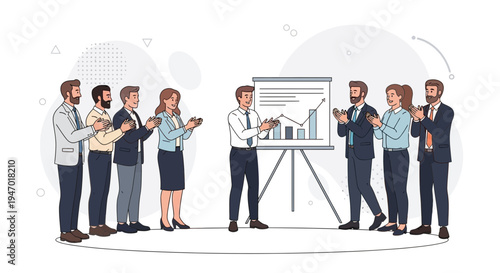 Business team applauds successful presentation with graph on whiteboard