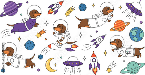 Cute Dachshund Dog Astronaut Characters Flying in Space with Rockets, Planets and UFOs for Kids Sci Fi Cartoon Illustration and Galaxy Adventure Design