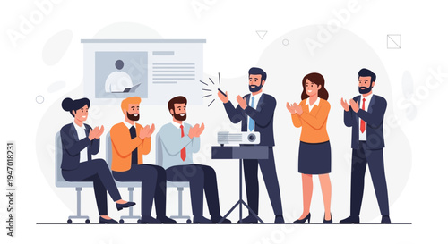 Business meeting success, team applauding speaker presentation success, teamwork celebration