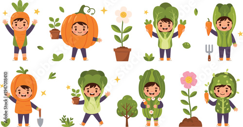 Cute kids wearing vegetable costumes gardening with plants, flowers and tools, playful children garden activity cartoon vector illustration set